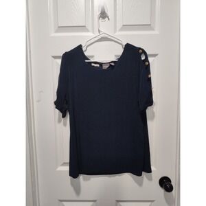Chicos Travelers Shirt Large Size 12 Navy Blue Slinky Nautical Cold Shoulder Top